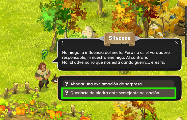 Pantalla de videojuego con personajes y diálogos en español. Una figura con cabello rizado y vestido de estar en un campo con árboles de otoño y vegetación, con opciones de diálogo en verde para elegir.
