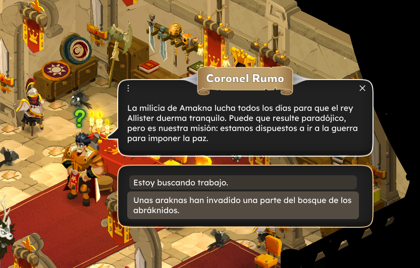 Pantalla de diálogo en un videojuego con personajes en un castillo, donde un personaje llamado Coronel Rumo explica la misión de la milicia para mantener la paz y un segundo personaje busca trabajo mientras otra opción informa sobre una invasión de araknas en el bosque cercano.