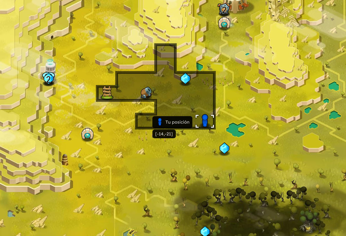 Mapa de un juego que muestra el territorio con caminos, árboles, lagos y diferentes objetos y personajes, incluyendo cristal azul, símbolos, y personajes de videojuego.