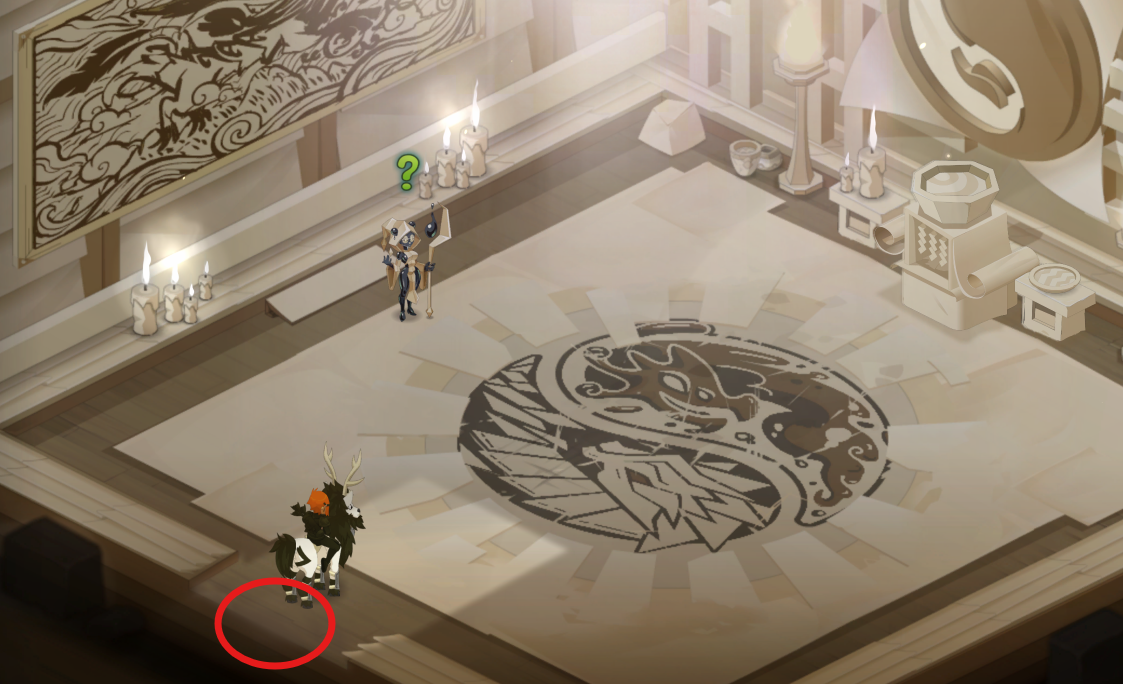 Dofus Torrente Arcano. Un salón decorado con candelabros y una gran pintura en la pared, con un escudo o símbolo en el piso. Hay un personaje con aspecto de robot y un ciervo con cuernos en el centro de la habitación.