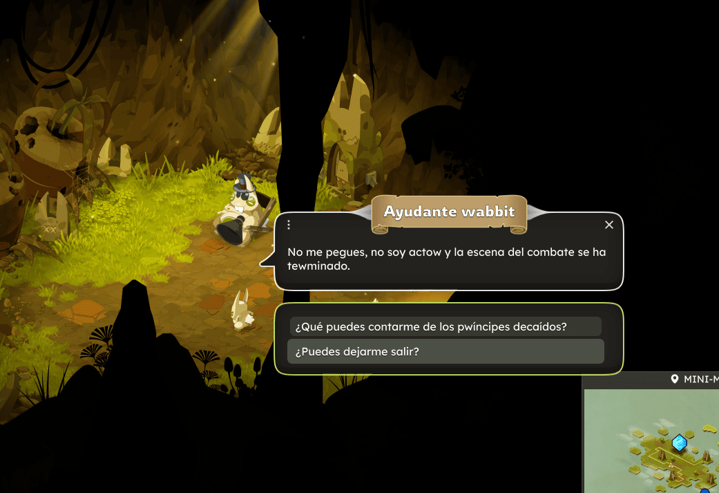 Ilustración de un personaje en una cueva, sentado en una piedra, con vegetación y calaveras decorativas en el fondo. En la pantalla aparece un diálogo y opciones para interactuar.