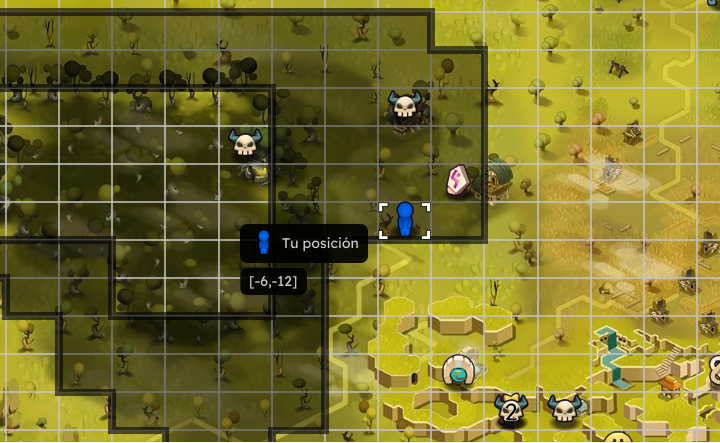Dofus Torrente Arcano. Mapa de juego con iconos de personajes, árboles y terrenos, y una marca que indica tu posición en las coordenadas [-6, -12].