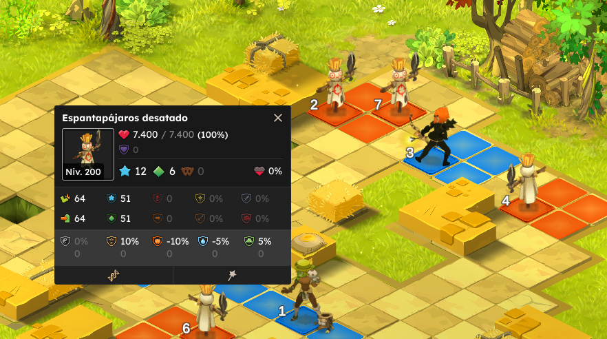 Captura de pantalla de un juego de estrategia con personajes y casillas de colores, mostrando una ficha de monstruo destacado con estadísticas detalladas.