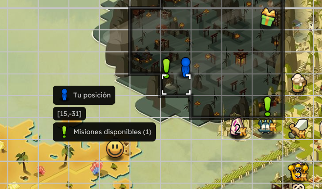 Dofus Torrente Arcano. Mapa de un juego de estrategia con un indicador de posición en coordenadas 15, -31, y una notificación de una misión disponible. Hay iconos de recursos y personajes en la parte inferior derecha.