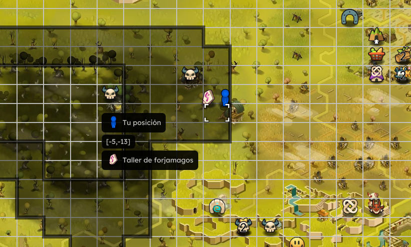 Dofus Torrente Arcano. Pantalla de un juego de estrategia con un mapa que muestra posiciones, iconos de calaveras, recursos y construcciones.