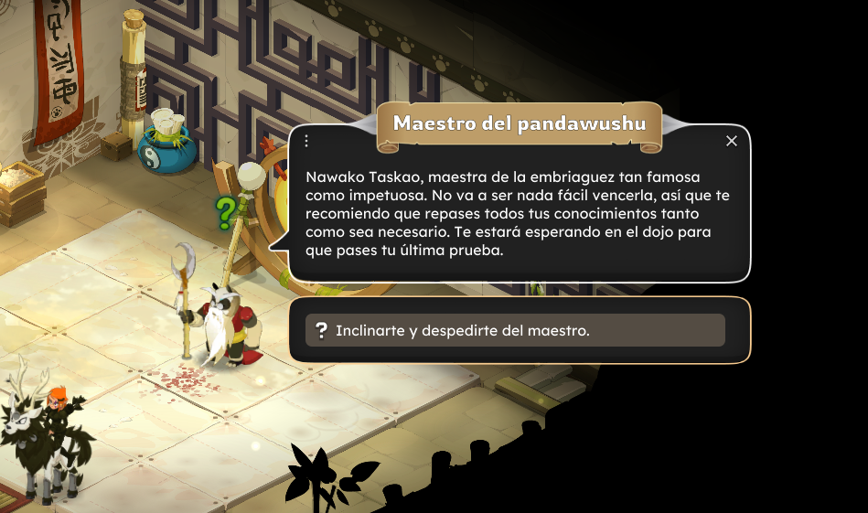 dofus Pantalla de un videojuego que muestra una conversación con el maestro del pandawushu, Nakako Taskao, un panda con ropaje tradicional y sosteniendo un bastón. Al fondo hay elementos decorativos orientales y personajes con vestimenta tradicional.