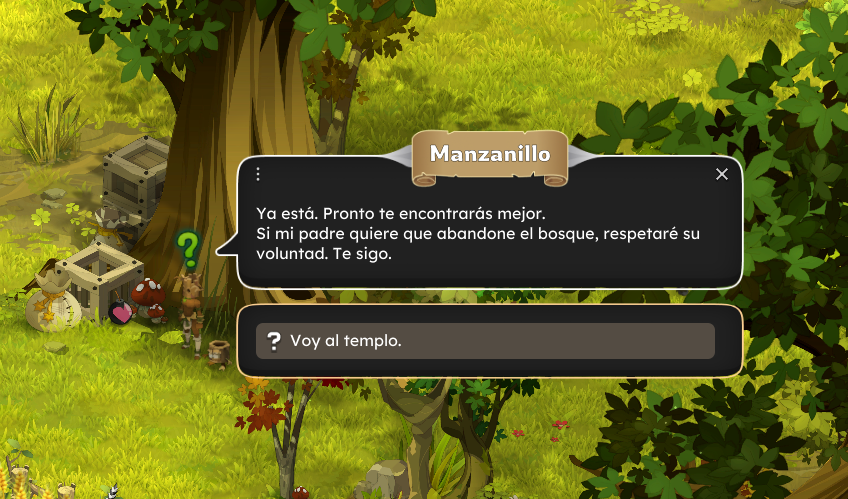 Dofus Torrente Arcano. Personaje llamado Manzanillo hablando en un entorno de bosque con árboles y plantas, con una opción de diálogo que dice "Voy al templo".