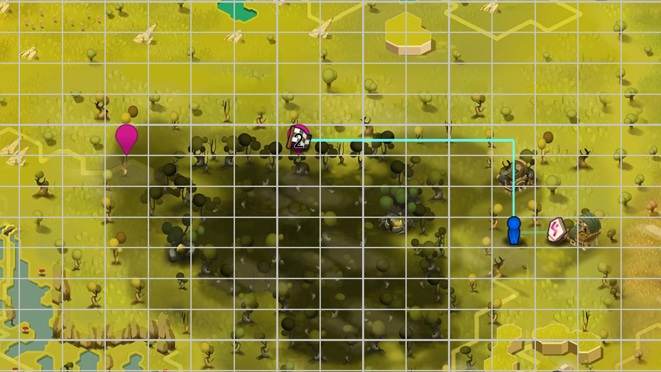 Dofus Torrente Arcano.  un mapa de un juego tipo estrategia o aventura, con un personaje azul en la parte derecha, una caja de tesoro, un marcador rosa, y un camino o línea azul que conecta los puntos. El fondo es de un paisaje con árboles y agua.