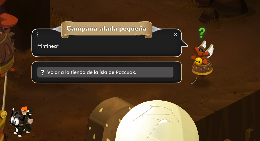 Imagen de un juego digital con personajes caricaturescos en un entorno de tierra. Hay un pollo con casco y cintas, y una especie de robot o personaje con gafas y gafas en la esquina inferior izquierda. En la parte superior, hay un texto que dice 'Campana alada pequeña' y una opción de respuesta que dice 'Volar a la tienda de la isla de Pazcuak'.