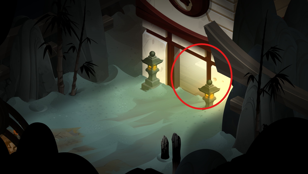 Dofus Torrente Arcano. Puerta de madera con un marco rojo y dos linternas de piedra en cada lado, rodeada de rocas y vegetación, en un entorno oscuro y con nieve.