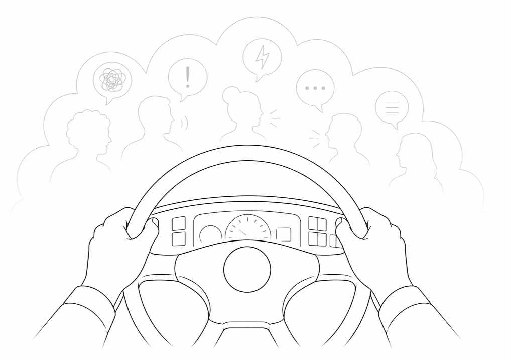 Ilustración lineal de la metáfora del autobús en Terapia ACT: recuperar el volante de los valores frente al ruido mental - Guiomar Fernández.