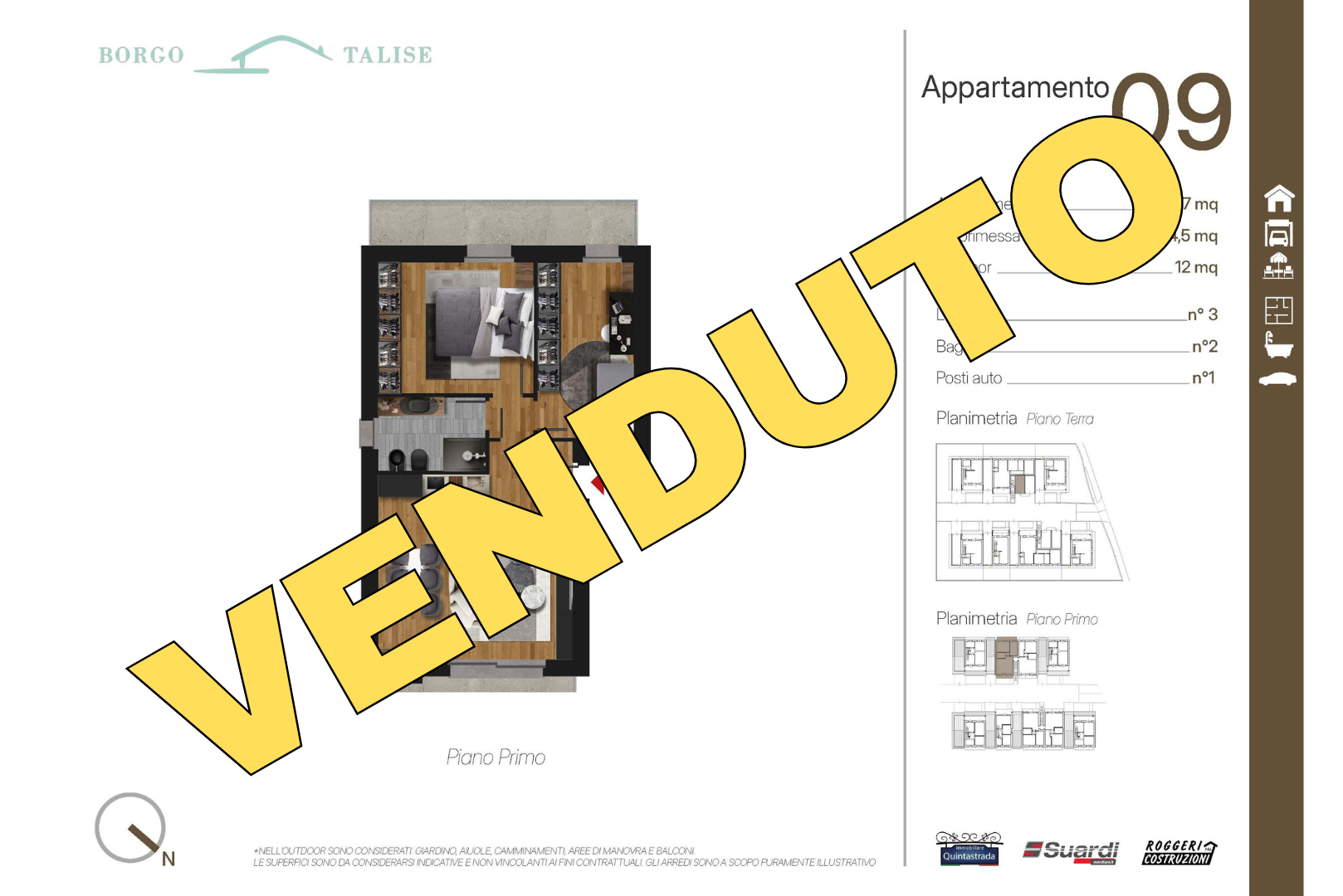 Planimetrie dell'appartamento con disegni per piano terra, piano primo e tabella delle superfici.