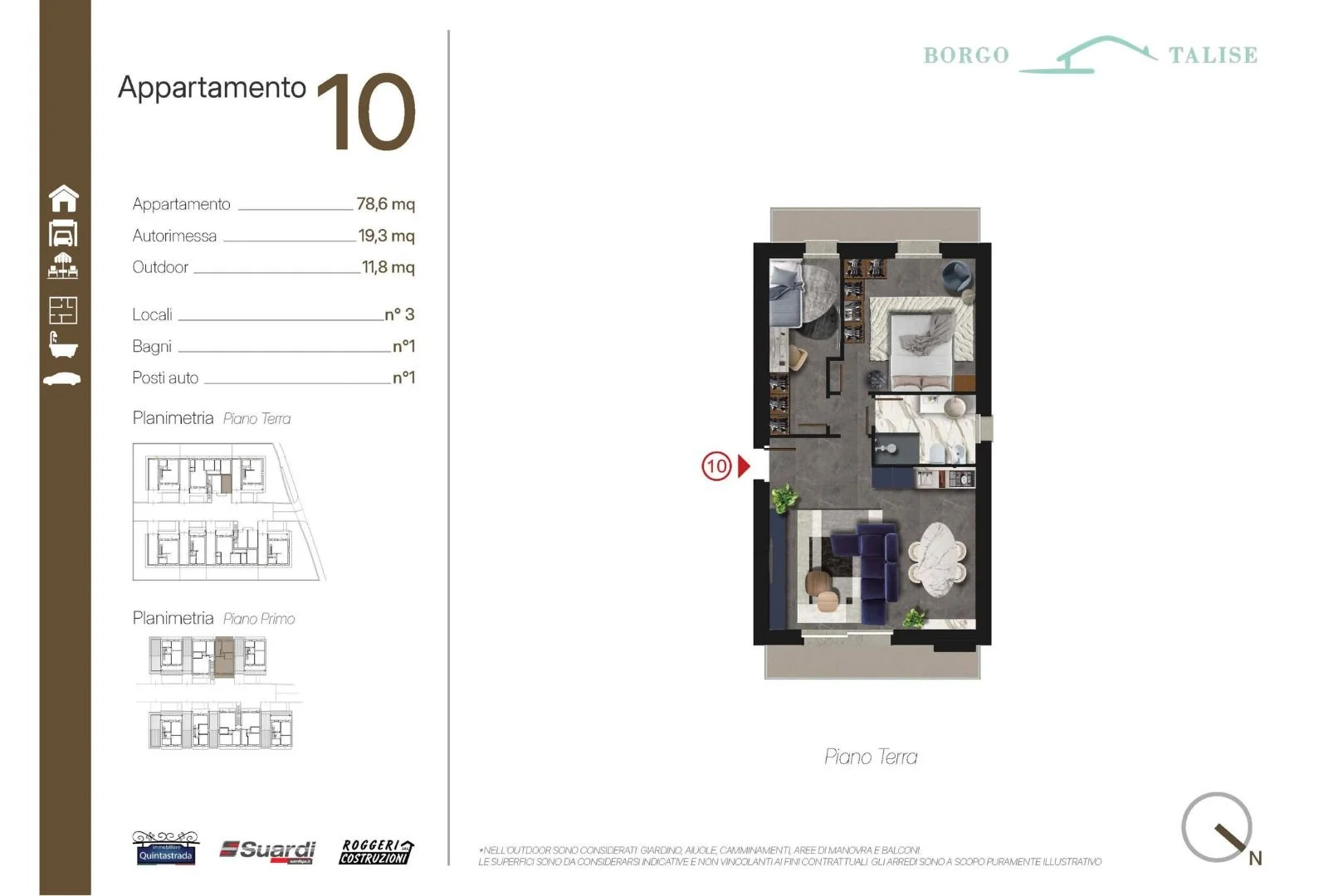 Piantina di un appartamento con planimetria generale. Mostra la disposizione degli spazi interni con un soggiorno, cucina, bagno, camera da letto, balcone, e box auto. È inclusa anche una tabella delle superfici con misure in metri quadrati.