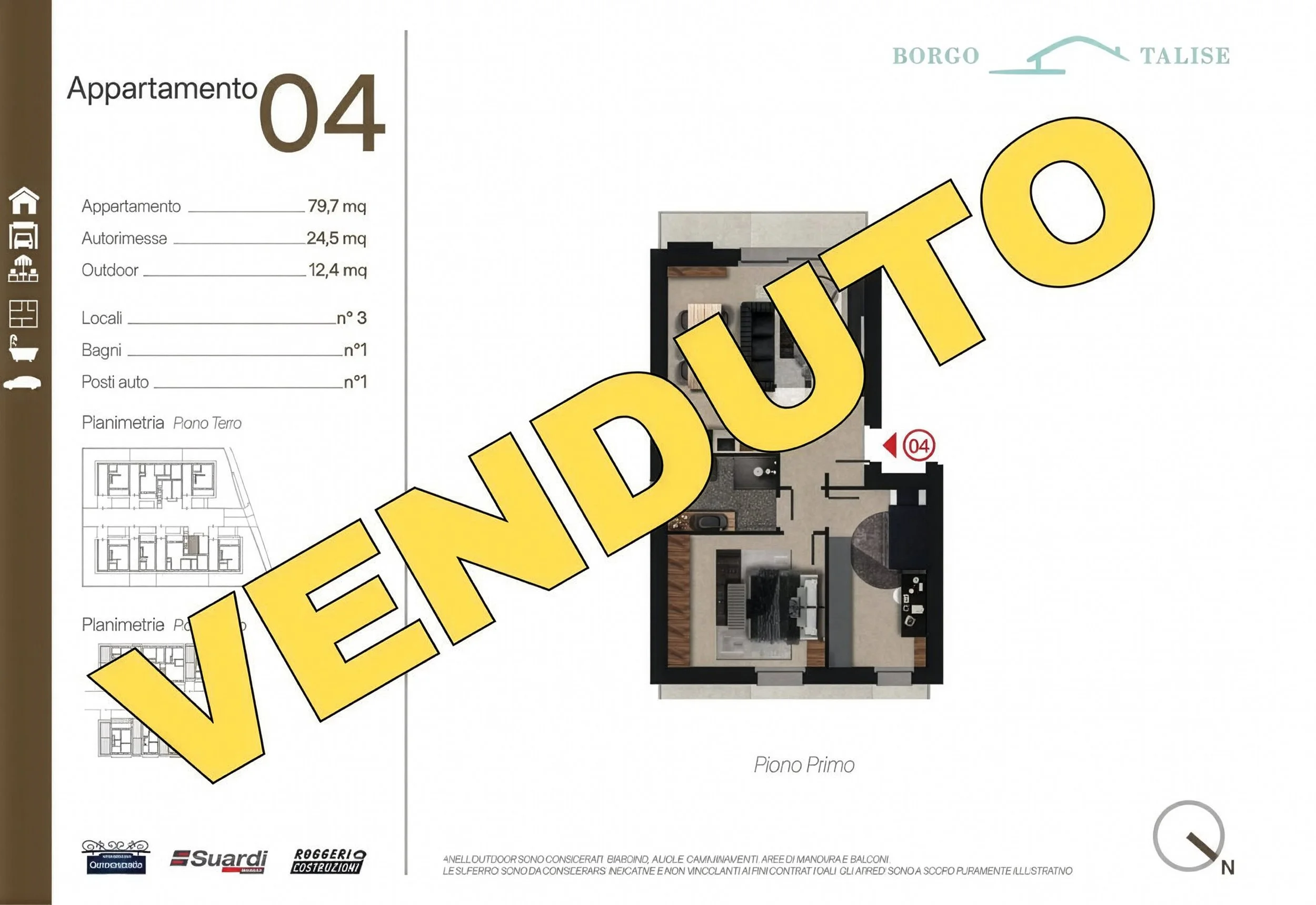 Pianta di un appartamento con due camere, soggiorno, bagno e cucina, ingresso indicato con numero 04, vista da sopra con dettagli del arredamento interno.