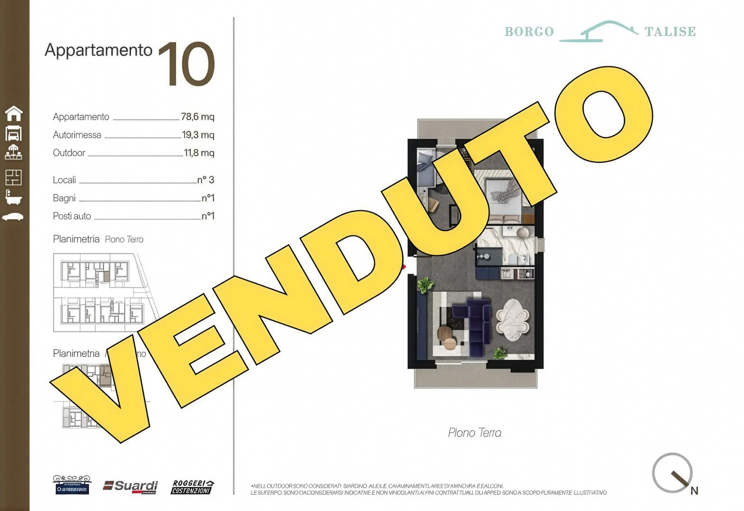 Piantina di un appartamento con planimetria generale. Mostra la disposizione degli spazi interni con un soggiorno, cucina, bagno, camera da letto, balcone, e box auto. È inclusa anche una tabella delle superfici con misure in metri quadrati.