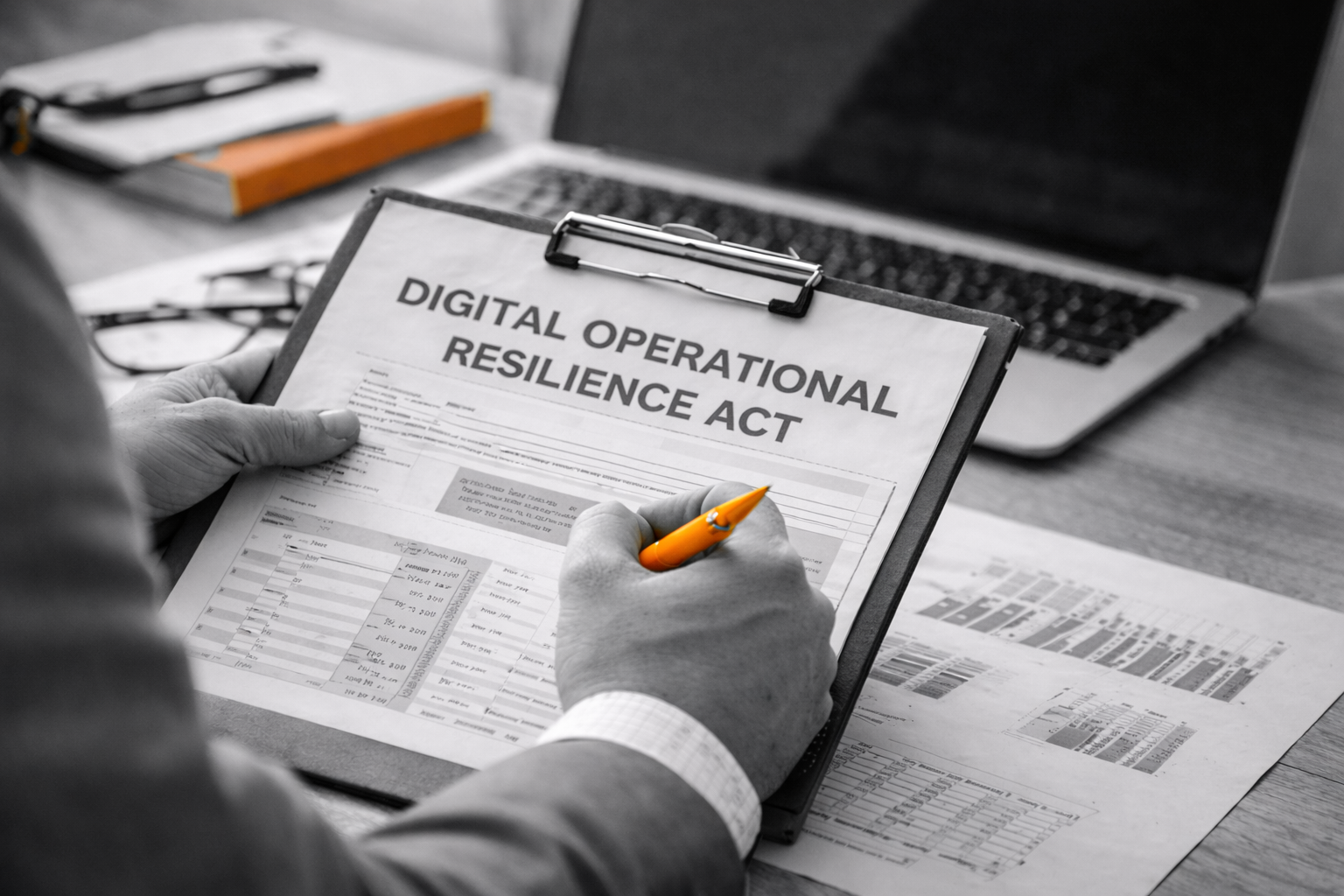Person holding clipboard with a document titled 'Digital Operational Resilience Act,' sitting at a desk with a laptop and printed spreadsheets.