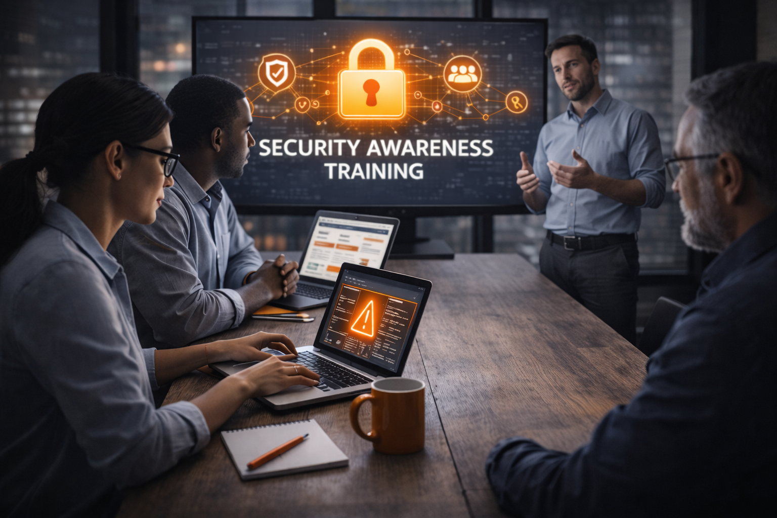 A group of people attending a security awareness training session in a conference room. A presenter is speaking next to a large screen displaying security icons and the text "Security Awareness Training". Some participants are using laptops, and there is a coffee mug on the table.