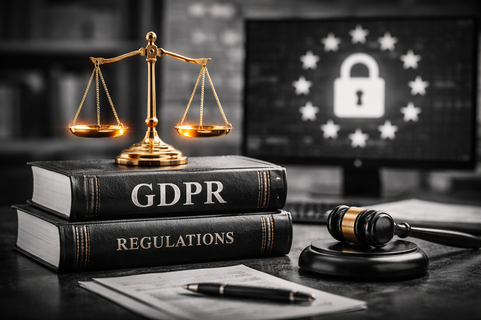 A desk with a gold scale of justice on top of a black book labeled GDPR, and underneath a black book labeled Regulations, with a gavel, a pen, and a printed document. In the background, a computer screen displays a padlock surrounded by stars.
