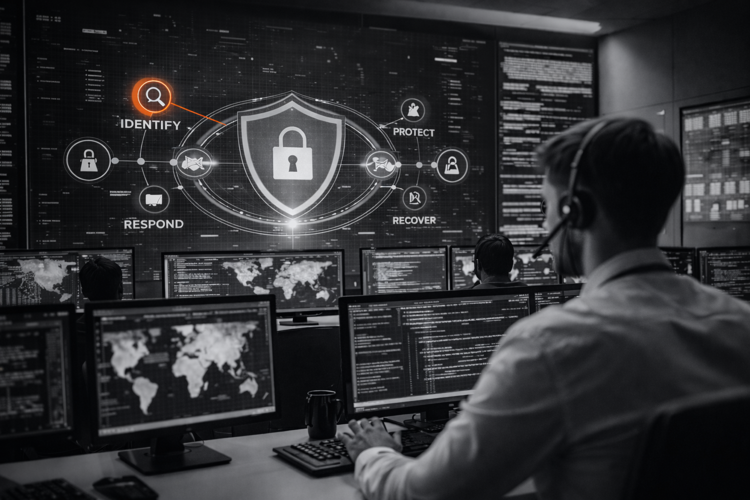 People working in a cybersecurity command center with multiple monitors, large digital security interface on the wall showing a shield with a lock and cybersecurity concepts like identify, respond, protect, recover.