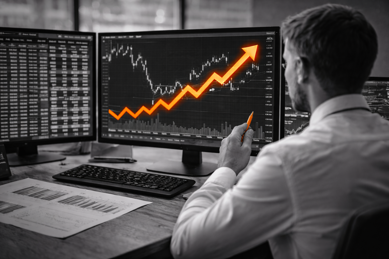 Man at a desk analyzing stock charts on two computer monitors, with a rising orange arrow on one screen, indicating financial growth.