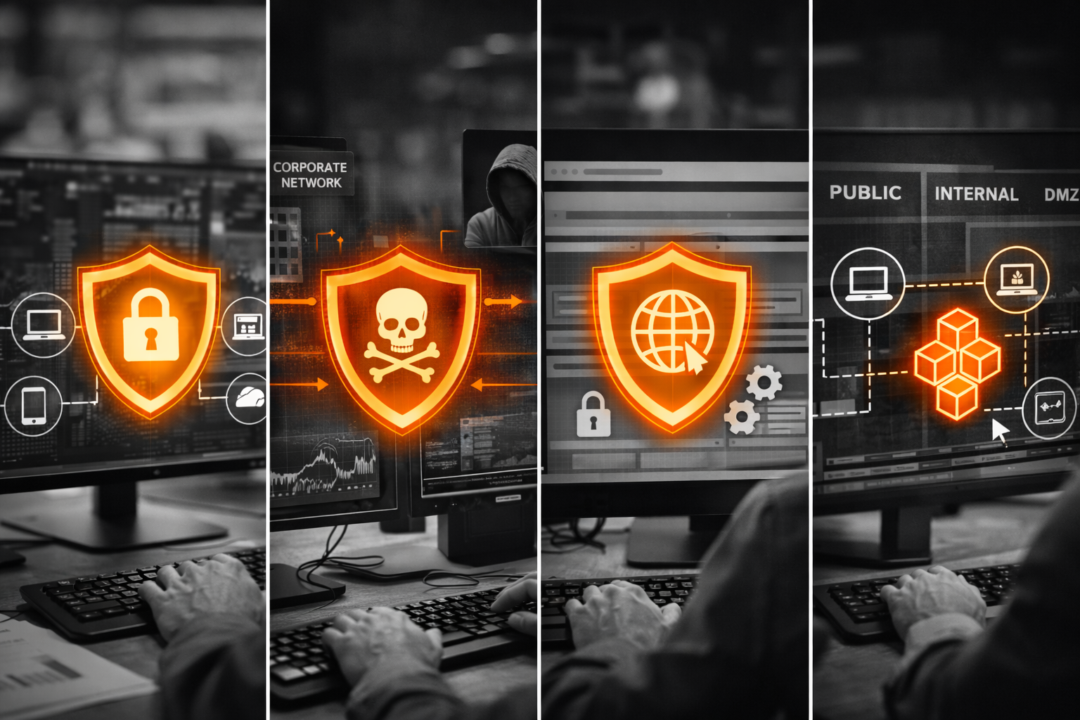 Multiple computer monitors displaying cybersecurity icons, including a shield and lock, skull and crossbones, globe with a shield, and cubes, in a grayscale setting with orange highlights.