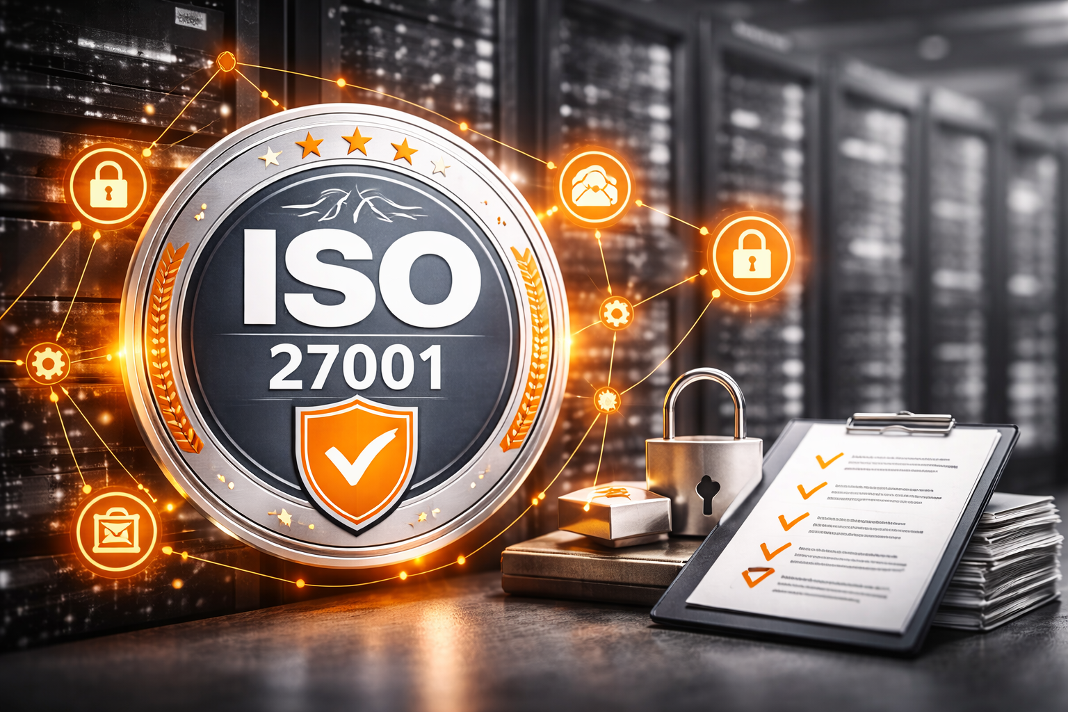 A digital graphic showing the ISO 27001 certification surrounded by security icons like locks, gears, email, and fingerprint scan, with a checklist and padlock in the foreground.