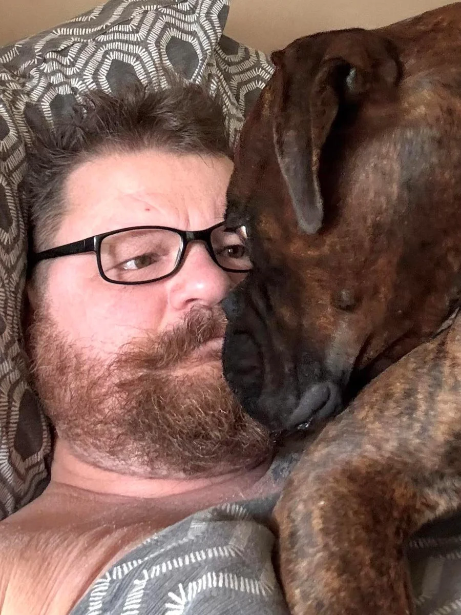 funny-dog-eyeballing-man-in-bed