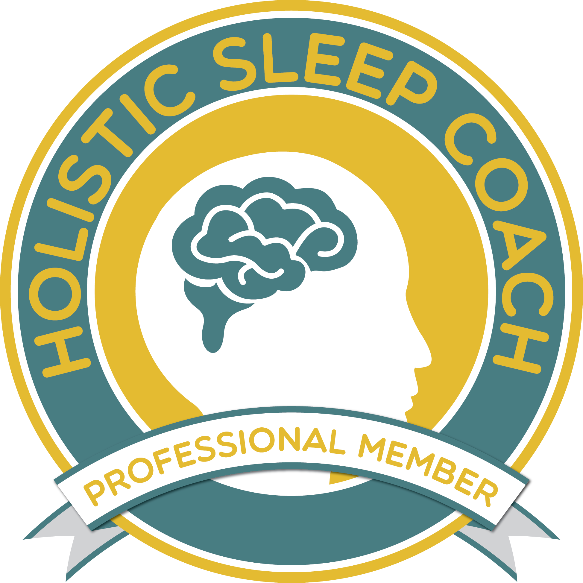 A circular badge with the text 'Holistic Sleep Coach' around the outer edge, featuring a profile of a person's head with a brain illustration inside. A ribbon across the bottom reads 'Professional Member'.