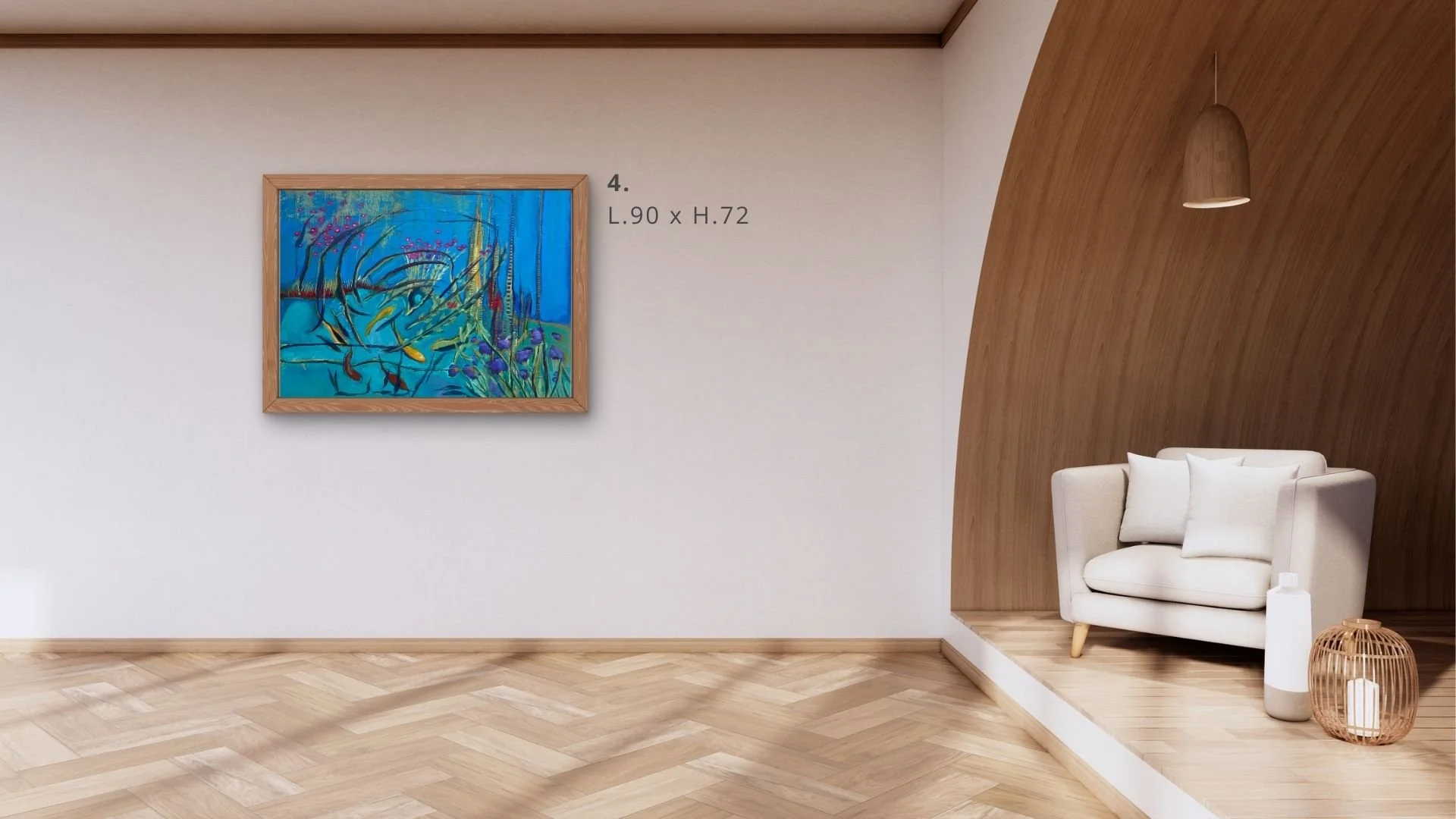 Un salon moderne avec un tableau coloré sur le mur, un canapé crème avec des coussins, une suspension et un sol en parquet clair.