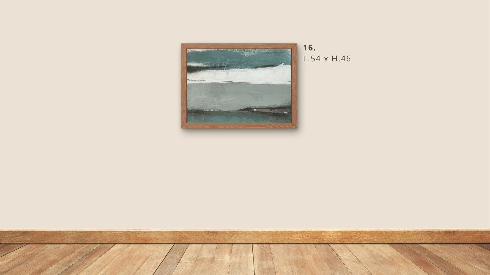 Peinture abstraite encadrée sur un mur beige, couleur verte et grise, avec dimensions L.54 x H.46 mentionnées à côté.