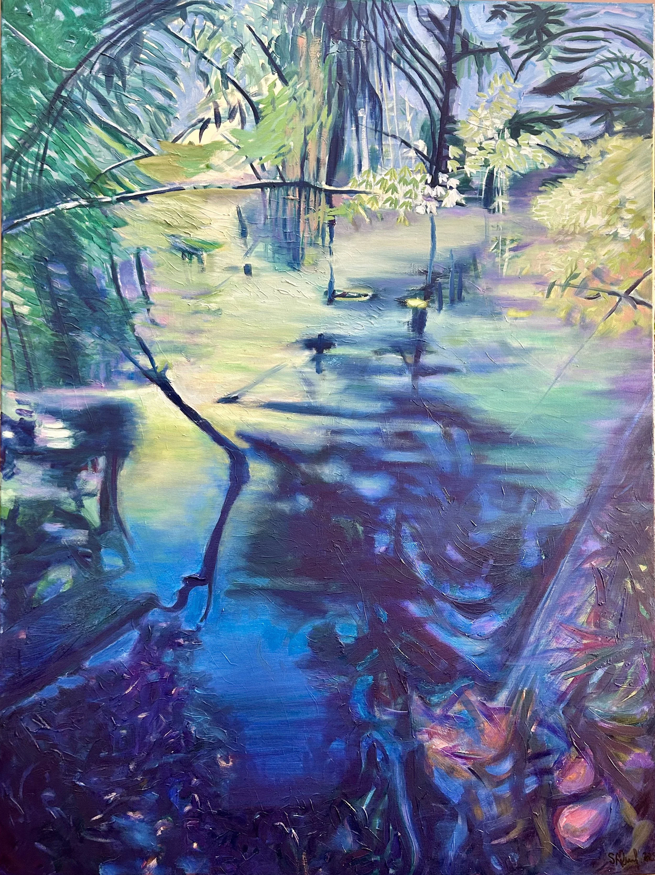 cette toile bascule dans une dimension plus onirique, voir magique. la lumière émerge douce et mystérieuse, elle traverse l'espace. Effleure la surface de l'eau, transforme les branchages et les reflets, en une matière vivante presque surnaturelle.