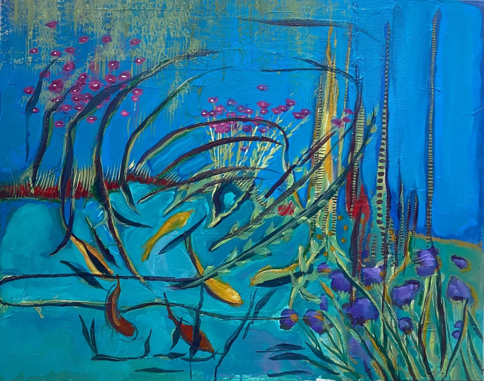 Peinture abstraite de plantes aquatiques et poissons colorés sur fond bleu