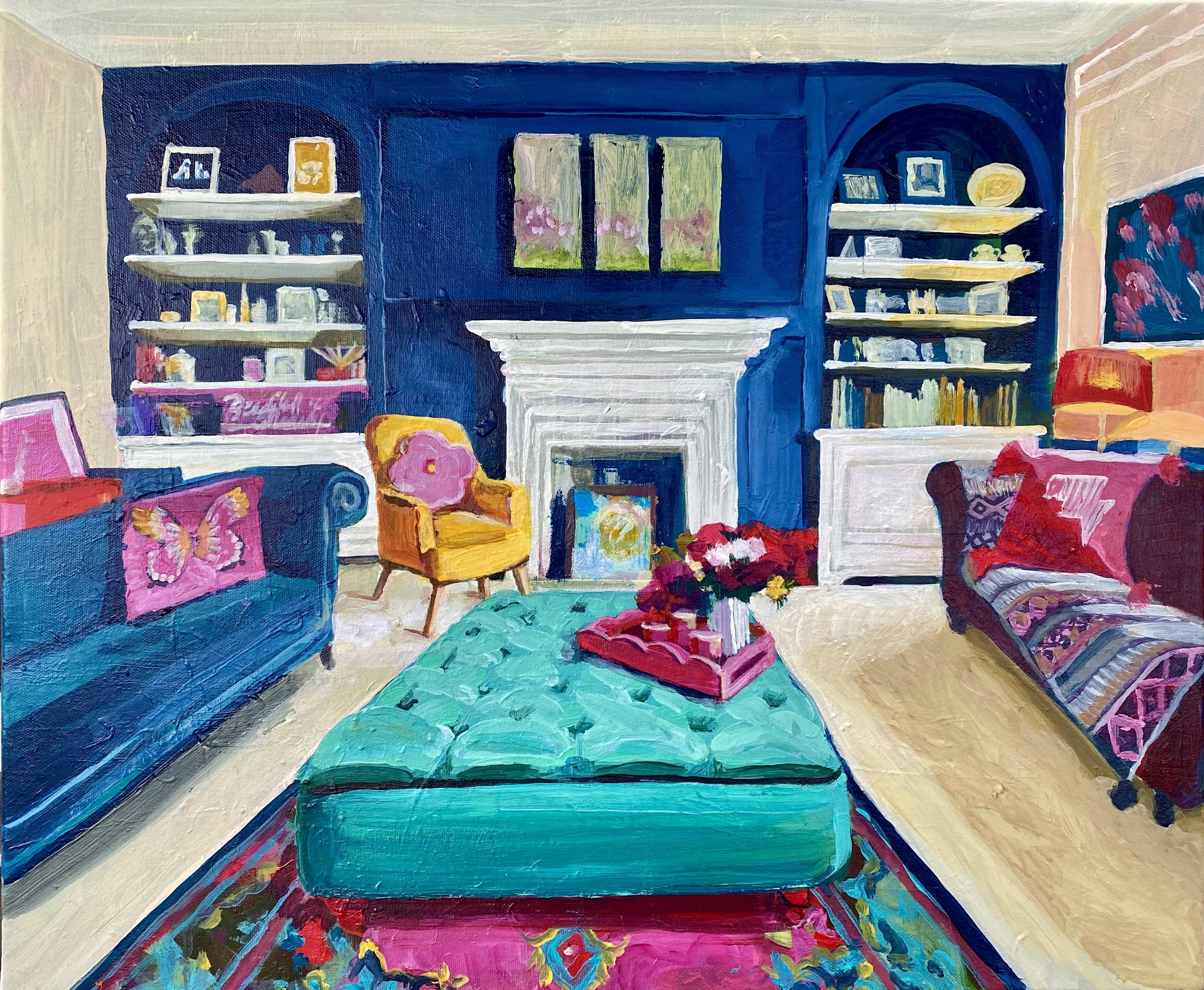 Peinture d'un salon coloré avec murs bleu marine, cheminé blanche, étagères remplies de livres et objets, canapé bleu, fauteuil jaune, et table basse turquoise. Décorations vives, coussins décoratifs, et tapis coloré ajoutent du charme à la pièce.