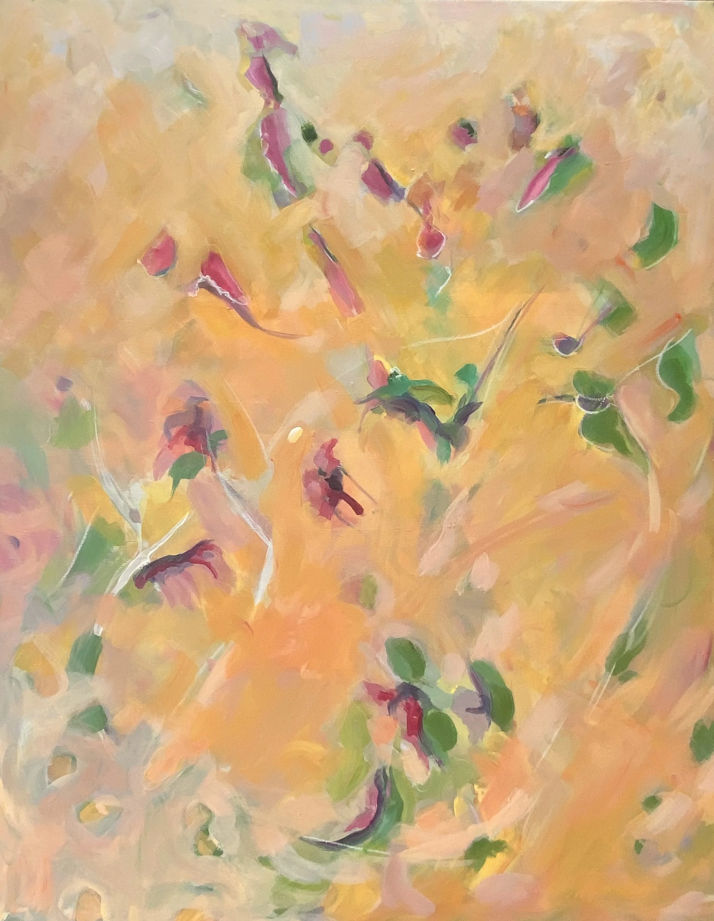 Peinture abstraite avec des nuances de jaune, rose, vert et blanc, représentant des formes indistinctes.