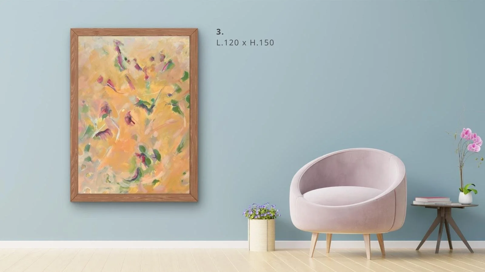 Salon moderne avec peinture abstraite colorée sur mur turquoise, fauteuil beige, petite table avec orchidée et livres, et plante en pot au sol.