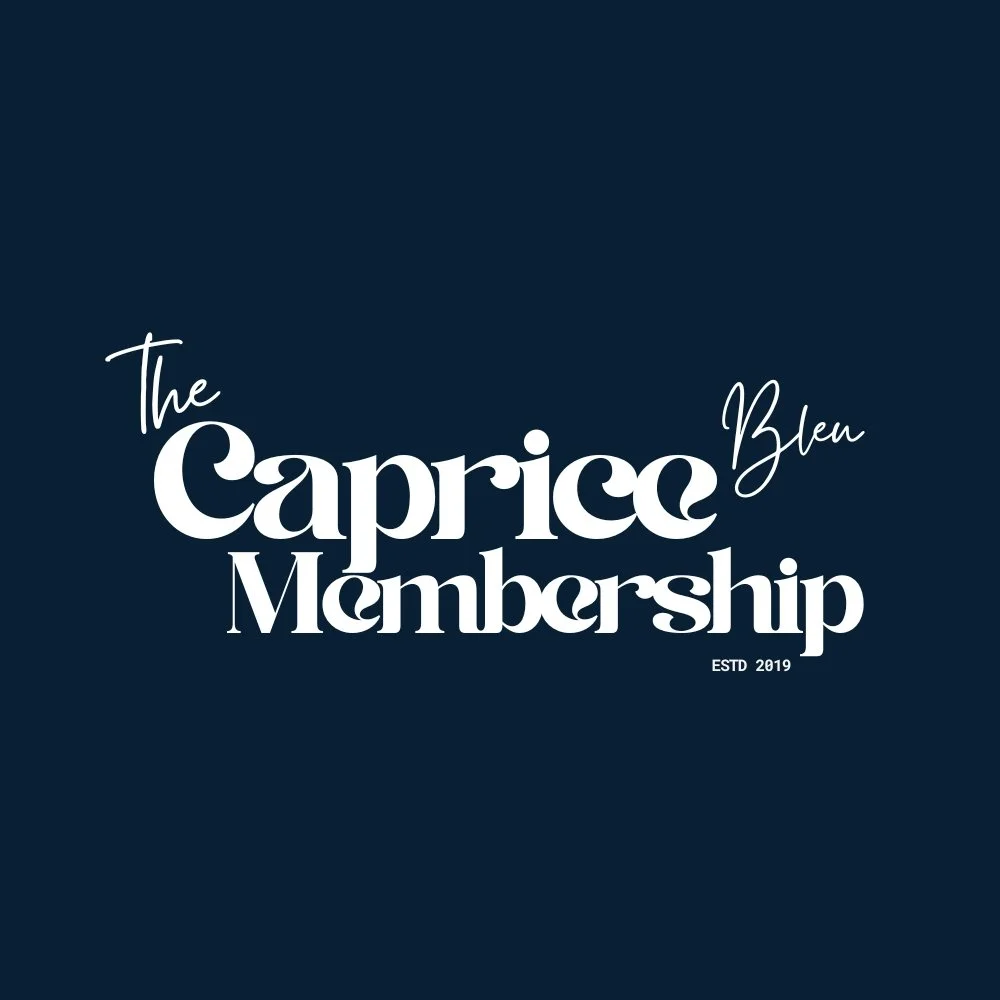 Logo for The Caprice Bleu Membership, established in 2019, on a dark blue background.