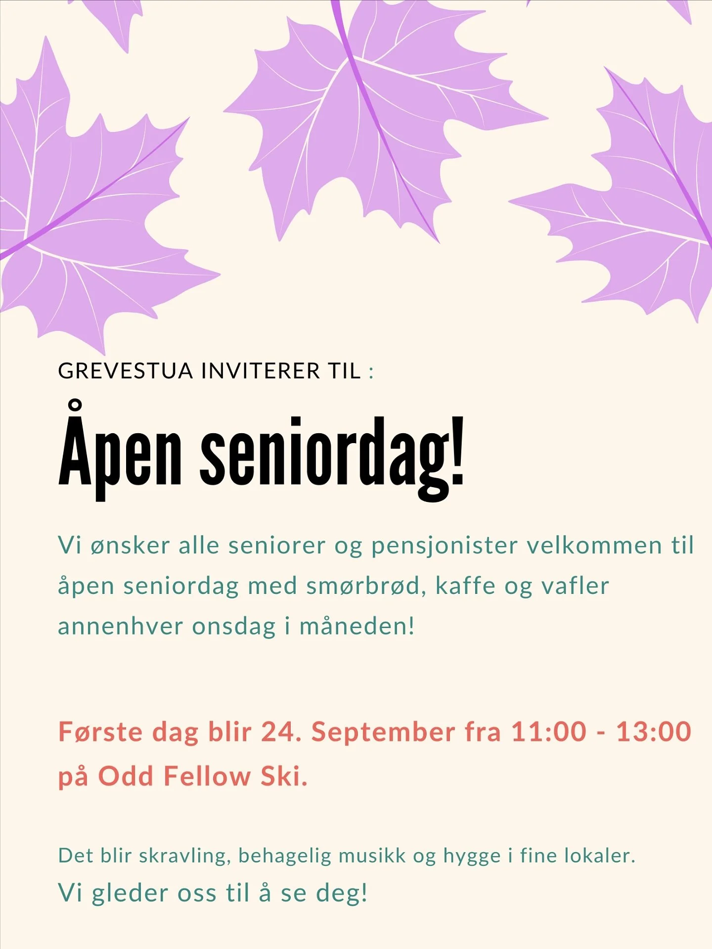 Minner om &aring;pen seniordag f&oslash;rstkommende onsdag fra 11-13:00🌸 

Det blir god mat, nye bekjentskaper og hygge. 

Vi h&aring;per &aring; se deg der!

#grevestua #seniordag #oddfellow