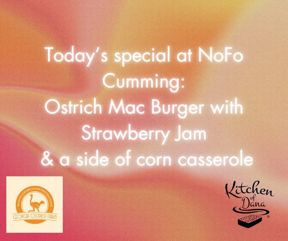 Today&rsquo;s special at NoFo Cumming: the Ostrich Mac Burger topped with strawberry jam 🍓, served with a side of our cozy corn casserole 🌽🤤 Don&rsquo;t miss this unique collab with Georgia Ostrich Farm &amp; Kitchen of Dana Smoking Axle Eatery! Q