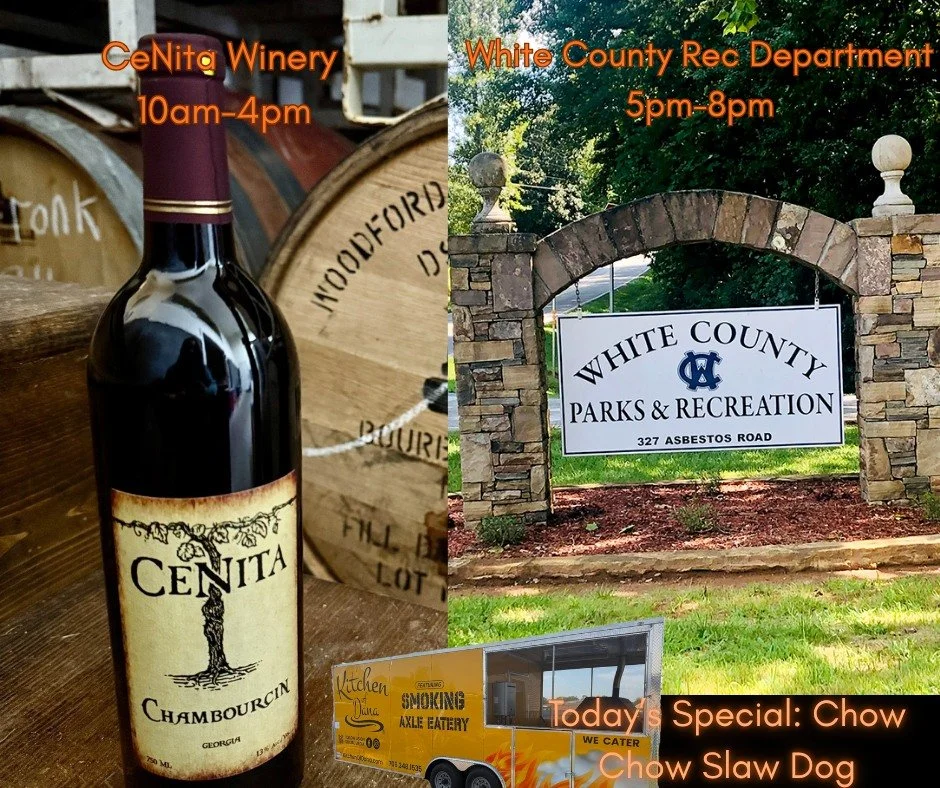 🚚 Double the stops, double the flavor! Catch us today at:
🍷 CeNita Winery | 10am&ndash;4pm
🏞 White County Rec Department | 5pm&ndash;8pm
✨ Today&rsquo;s special: Chow Chow Slaw Dog 🌭 Don&rsquo;t miss it!

#kitchenofdana #foodtruck #lookforthebrow