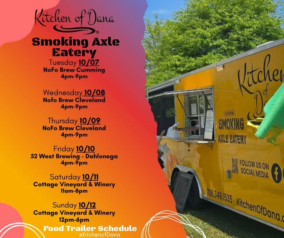 Food Trailer Schedule for the week! Come grab your favorites from the Kitchen of Dana Smoking Axle Eatery 🚚✨ Bring your friends, grab a drink, and let us serve up the comfort food you love most 💛

👉 Save this schedule &amp; follow along for update