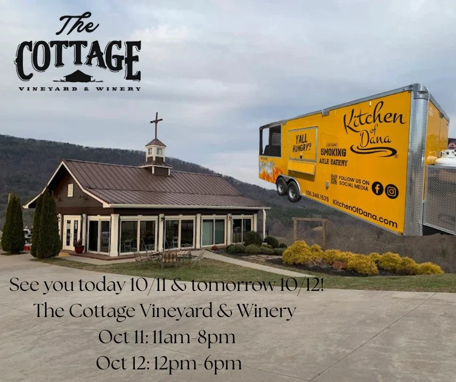 π· Come enjoy mountain views, wine, and comfort food!
Catch Kitchen of Dana at The Cottage Vineyard & Winery today & tomorrow π
π
 Oct 11: 11am–8pm
π
 Oct 12: 12pm–6pm
#kitchenofdana #smokingaxleeatery #foodtrailer #yummy #georg