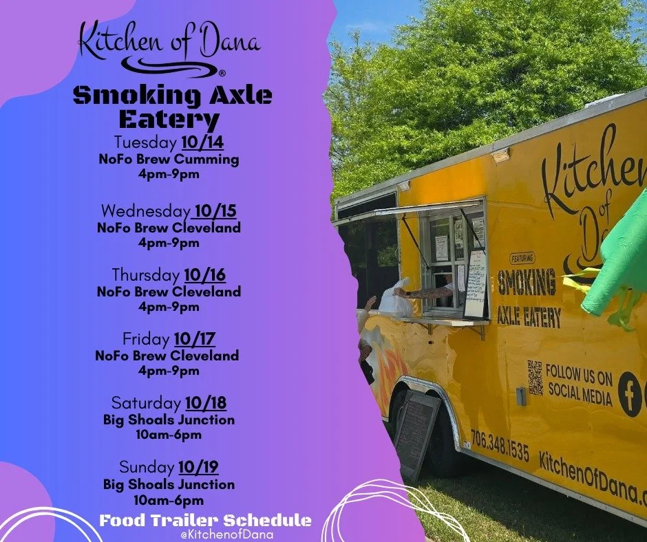We are here to satisfy your cravings! We hope to see you this week!π
#kitchenofdana #foodtruckschedule #yummy #smokingaxleeatery #georgia #lookforthebrownbox #eatery