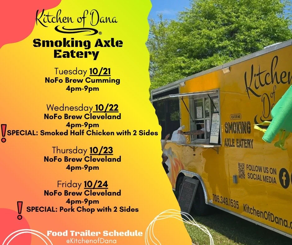 This weeks food trailer schedule is up!! We have specials on Wednesday and Friday that you don't want to miss!! 10/21 - 10/24... Can't wait to see y'all! ππ
#kichenofdana #smokingaxleeatery #foodtrailer #foodtruck #georgia #yummy #events #lookfort
