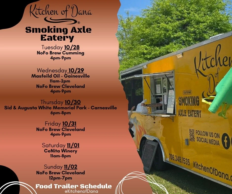 Full week ahead! We are excited to see y'all this week!
#kitchenofdana #SouthernComfortFood #yummy #family #lookforthebrownbox #smokingaxleeatery #foodtruck #foodtrailer #foodtruckschedule #foodtrailerschedule