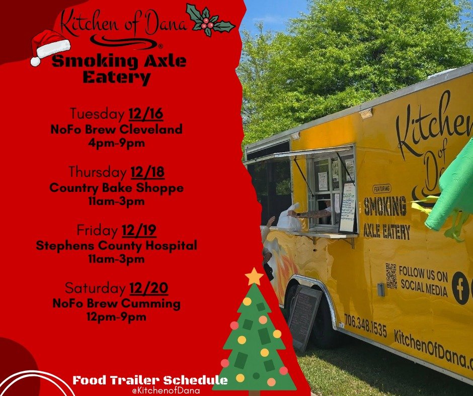 Food trailer schedule for the week!! We are excited to see y'all! 😁

#kitchenofdana #smokingaxleeatery #foodtrailerschedule #southerncomfortfood #Georgia #foodtruck #yummy #northgeorgia #lookforthebrownbox