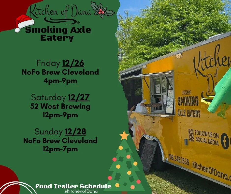 Food Trailer Schedule for Christmas week!

#kitchenofdana #smokingaxleeatery #foodtruck #southerncomfortfood #foodtrailer #foodtrailerschedule #Georgia #yummy #lookforthebrownbox #merrychristmas
