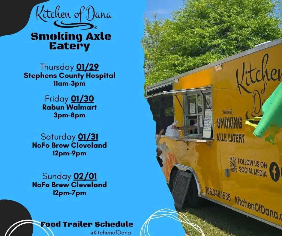 Food Trailer schedule for this coming up weekend! Nothing is better than Kitchen of Dana Smoking Axle Eatery to keep you warm during this weather. We are looking forward to seeing everyone! 😁

#kitchenofdana #smokingaxleeatery #foodtrailerschedule #