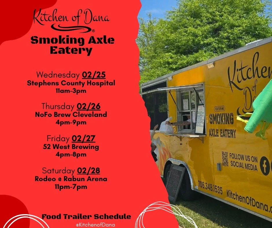 Schedule for the week is here! We are looking forward to seeing everyone. Stay warm!

#kitchenofdana #smokingaxleeatery #foodtrailer #Georgia #foodtrailerschedule #foodtruck #lookforthebrownbox #yummy