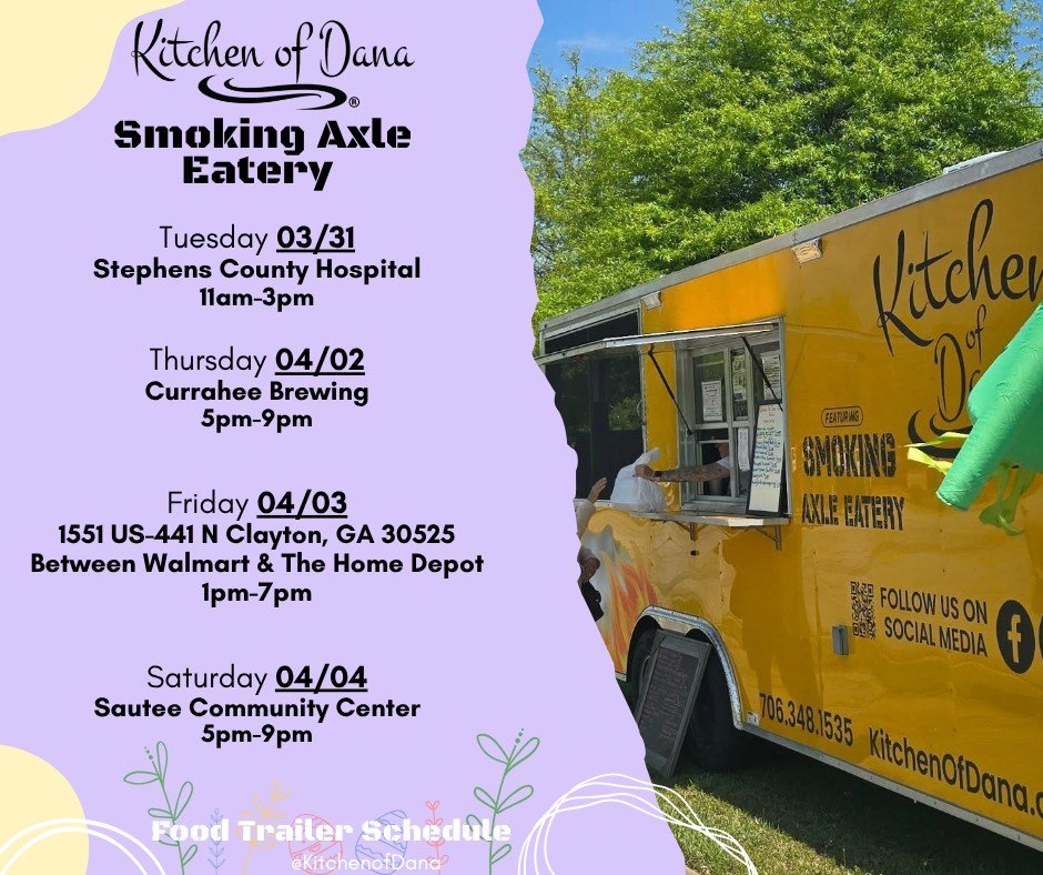 Hey y'all! Come check us out this week! 

#kitchenofdana #smokingaxleeatery  #foodtrailerschedule #Georgia #foodtruck #foodtrailer #lookforthebrownbox #yummy