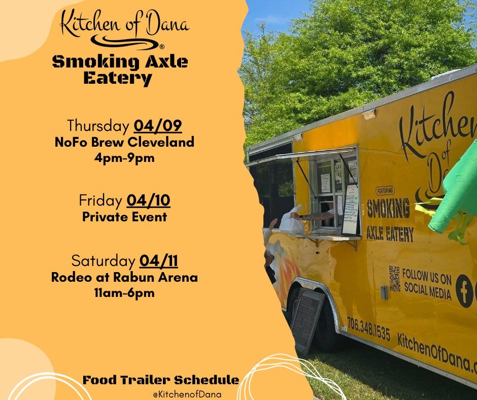 Food Trailer schedule for the week! We are looking forward to seeing y'all 😃

#kitchenofdana #smokingaxleeatery #foodtrailerschedule #foodtruck #FoodTrailer #Georgia #lookforthebrownbox #yummy